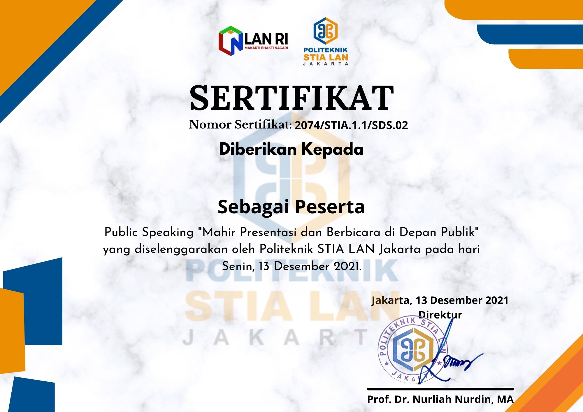 sertifikat Sertifikat Public Spaeaking "Mahir Presentasi dan Berbicara di Depan Publik"